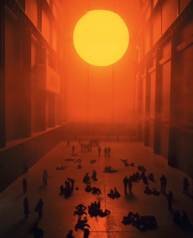 Visitors standing and reclining beneath a glowing artificial sun in the Turbine Hall at Tate Modern.