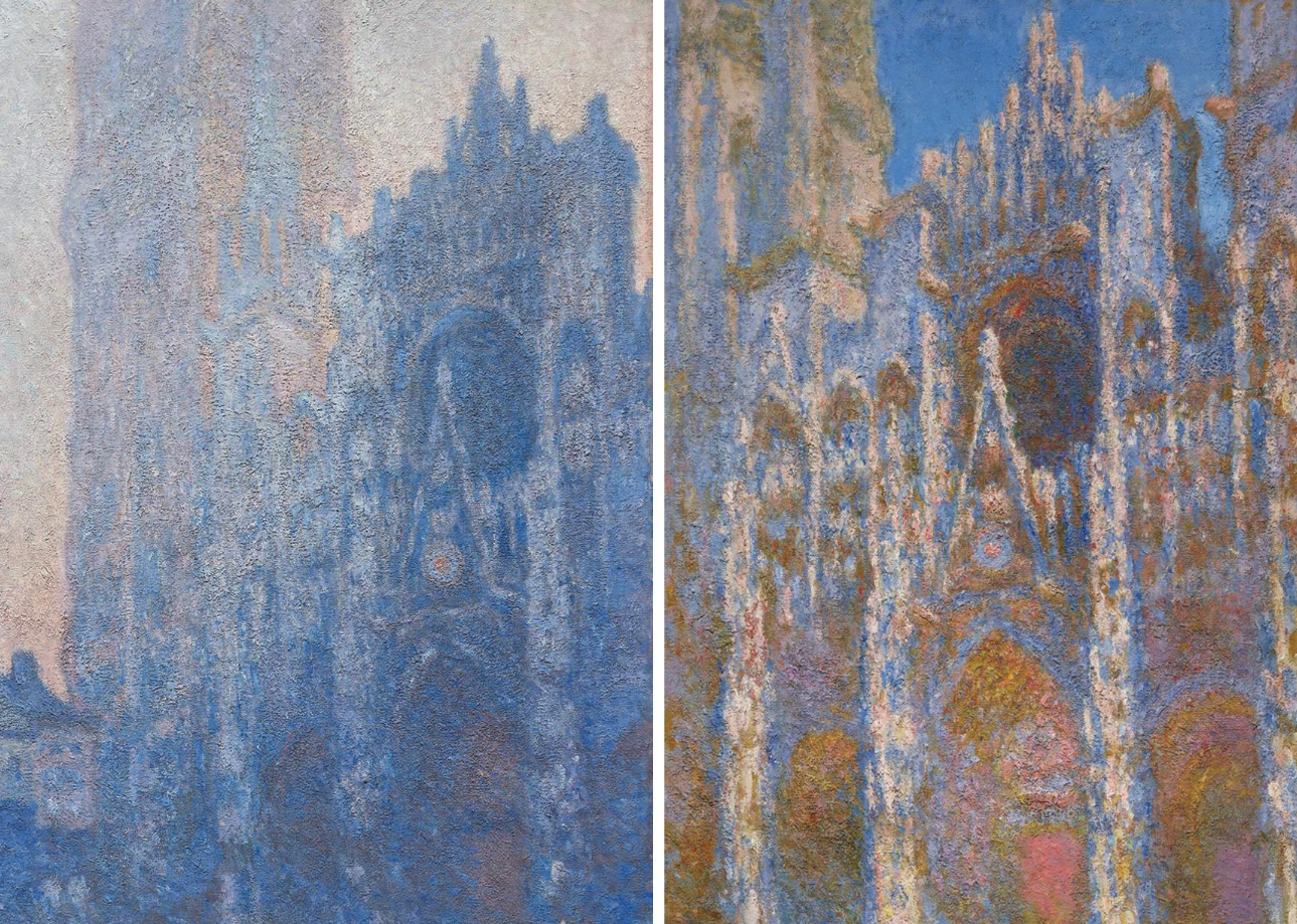 Two Claude Monet paintings from the Rouen Cathedral series shown side by side for comparison.
