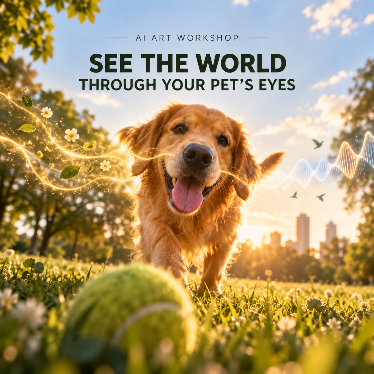 See the World Through Your Pet’s Eyes AI art workshop poster featuring a golden retriever in a sunlit park.