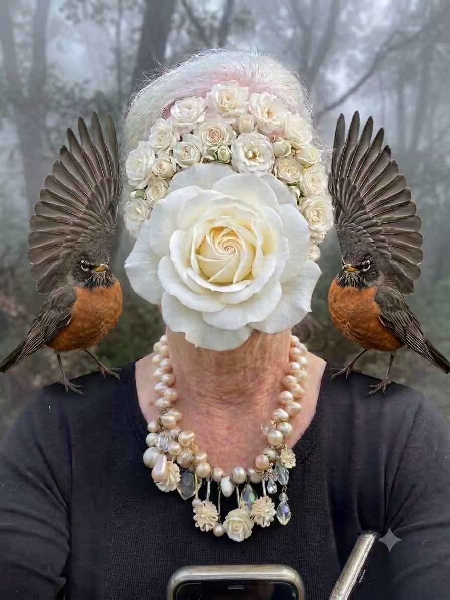 An AI-generated portrait of an artist with a large white flower obscuring the face, surrounded by roses and birds.