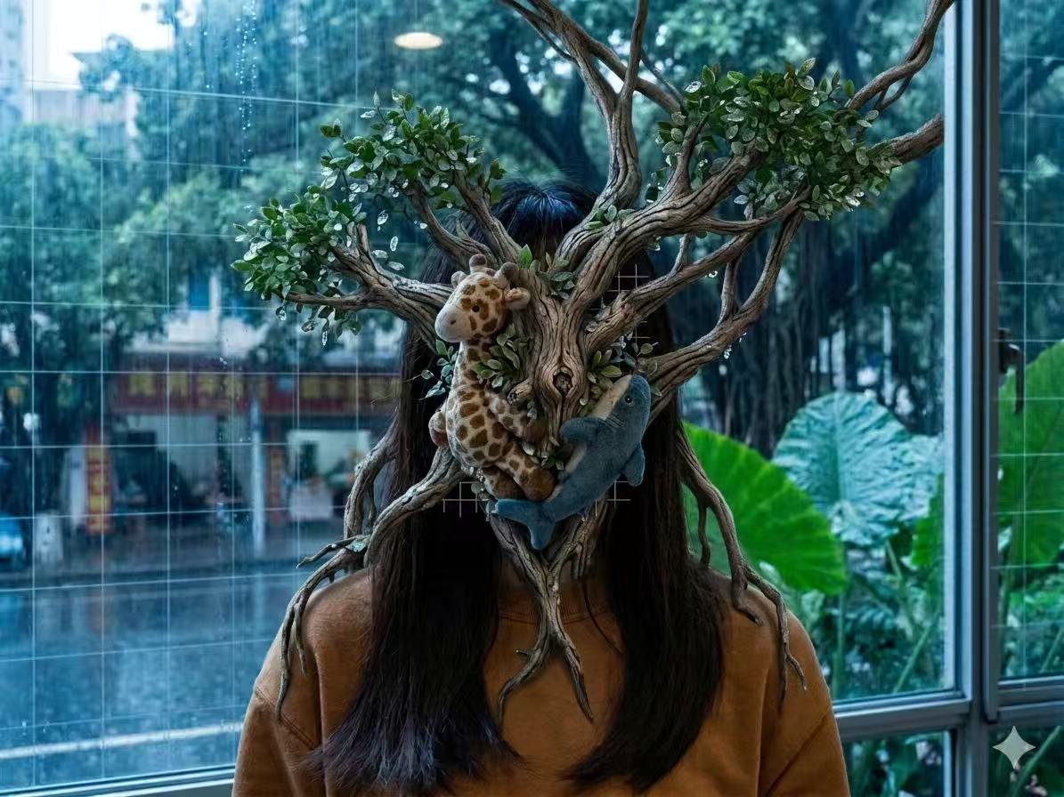 An AI-generated image of a figure partially obscured by a tree, with childhood toys held within the branches.