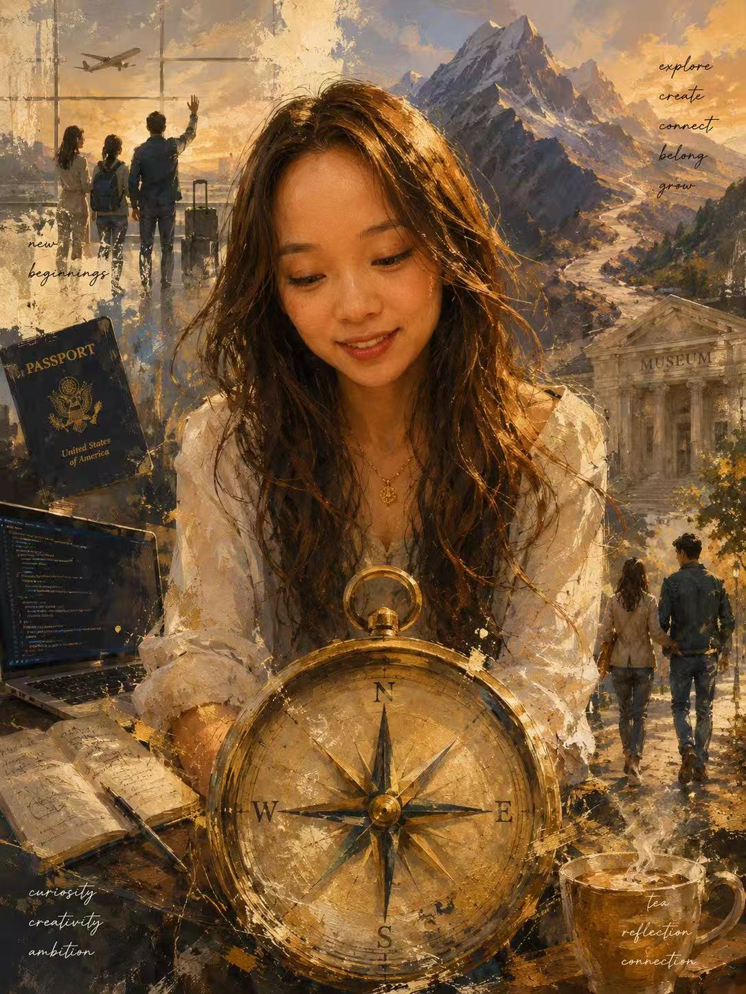 An AI-generated image of an engineer surrounded by scenes of departure, reflection, code, and walking beside a partner, with a compass in the foreground.
