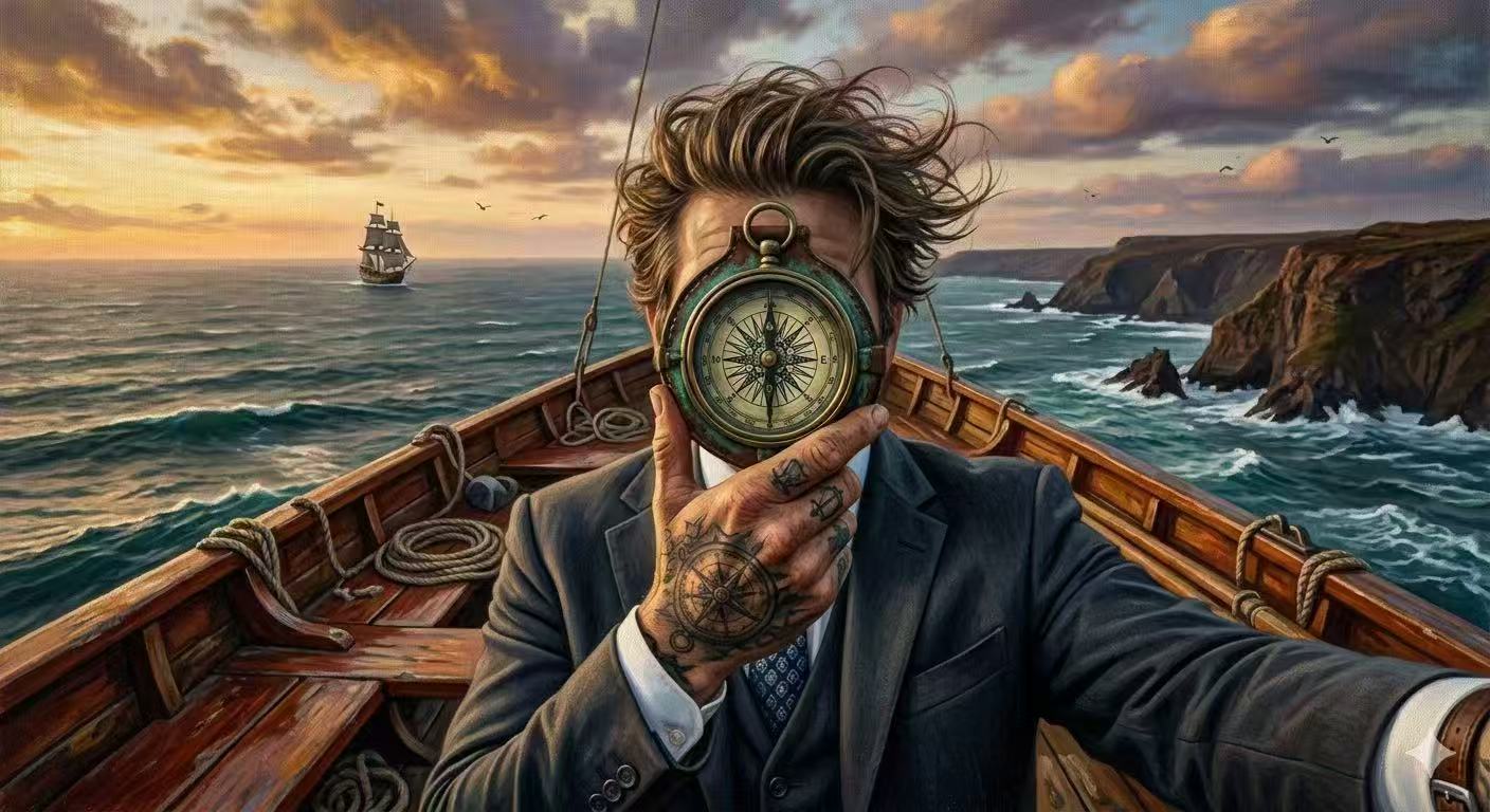 An AI-generated image of an engineer at sea holding a compass over his face, with cliffs and a distant ship behind him.