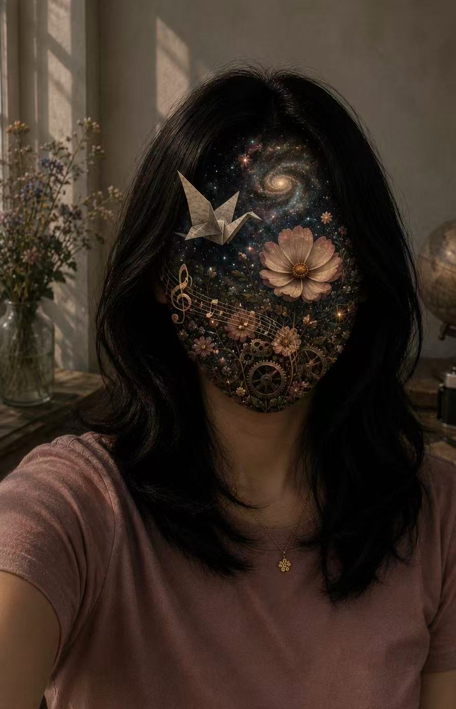 An AI-generated portrait of an engineer whose face is composed of flowers, music, paper, and stars, suggesting the inner world she carries with her.