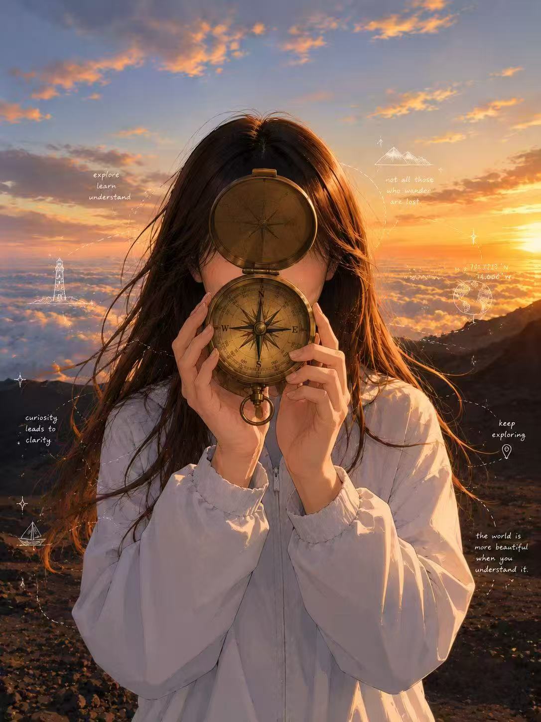 An AI-generated image of an engineer holding a compass toward the horizon, surrounded by notes about curiosity, learning, and continuing forward.