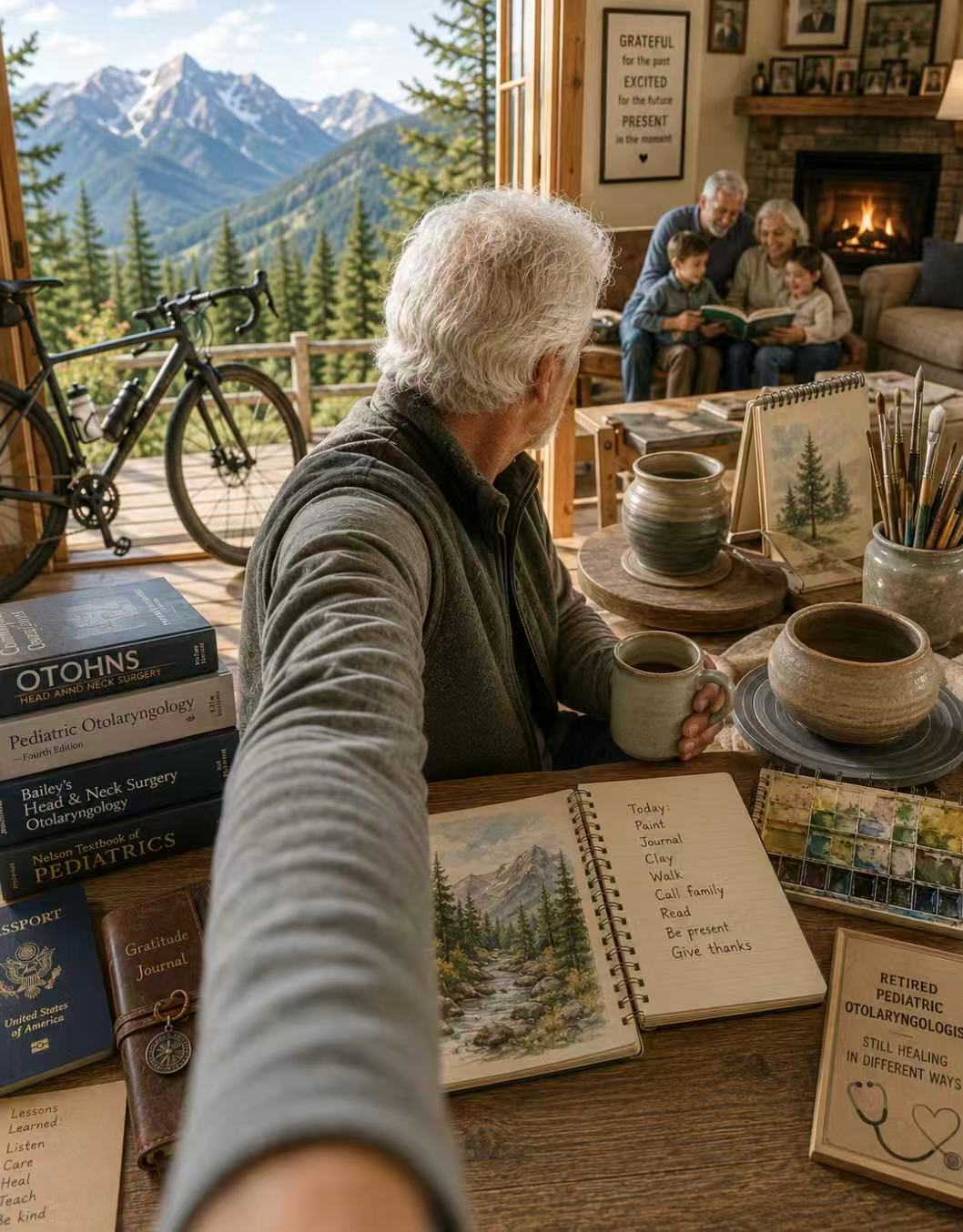 An AI-generated image of a retired professor and physician surrounded by signs of lifelong care, family, travel, and artistic practice.